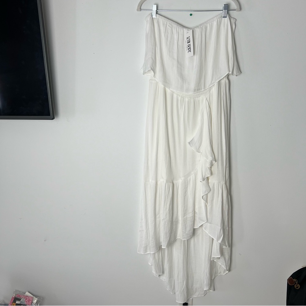 12th Tribe Cream Asymmetrical Ruffled High-Low Dress